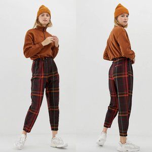 ASOS red green brown plaid check tapered high waisted rise trousers pants